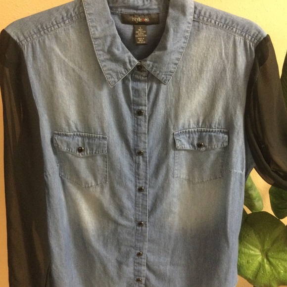 Denim Blouse with Sheer Black Sleeves - Picture 3 of 9